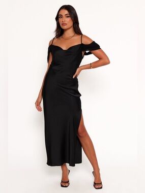 Petal & Pup Reyna Off The Shoulder Satin Maxi Dress Size Medium Black